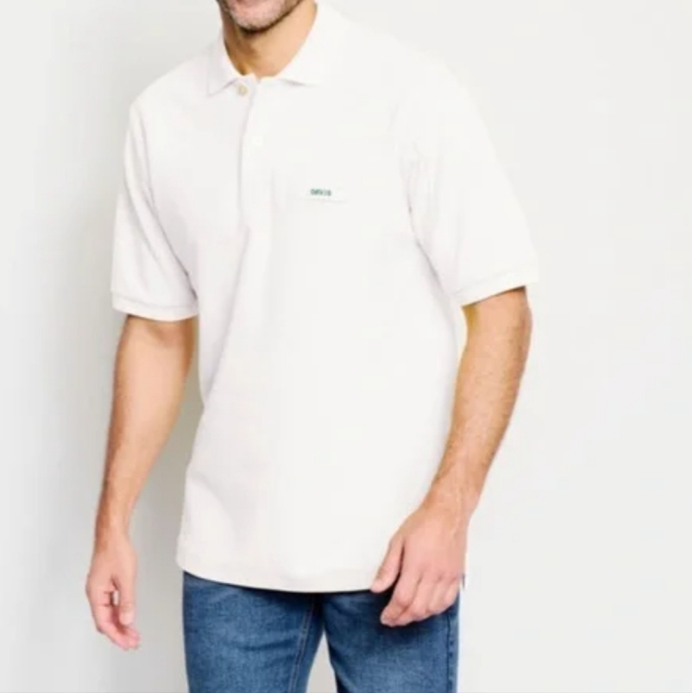 ORVIS Fly Fishing White Polo Shirt Mens  with Green Logo 100% Cotton SIZE XL.